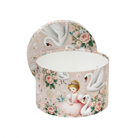 Cutii trusou botez rotunde tiparite - Cutie trusou botez rotunda tiparita fetita cu lebede