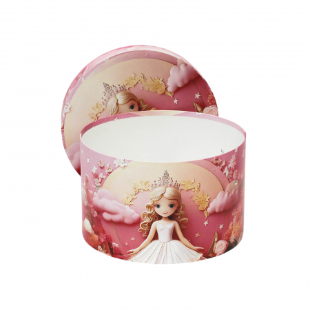 Cutii trusou botez rotunde tiparite - Cutie trusou botez rotunda tiparita printesa model 1