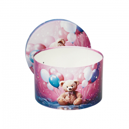 Cutii trusou botez rotunde tiparite - Cutie trusou botez rotunda tiparita ursulet baloane model 1