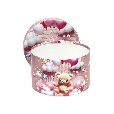 Cutii trusou botez rotunde tiparite - Cutie trusou botez rotunda tiparita ursulet model 3