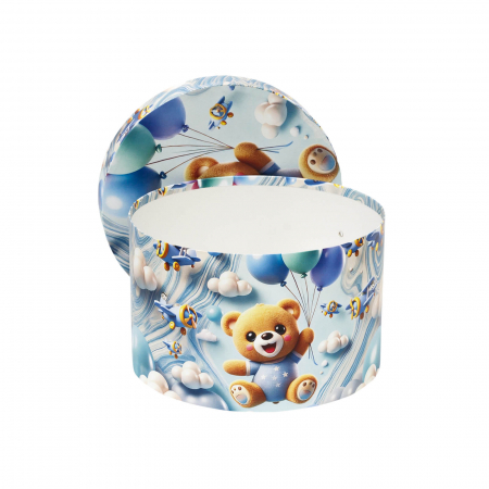 Cutii trusou botez tiparite - Cutie trusou botez rotunda tiparita ursulet model 4
