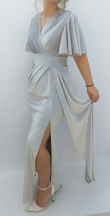 Rochie elegantă lungă din catifea gri perlat cu mâneci fluture și deschidere laterală [1]