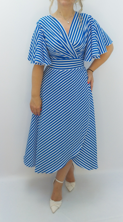 Elegante - Rochie elegantă midi în dungi alb-albastre