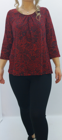 casual adulti - Bluză damă elegantă roșu cu imprimeu floral negru – lejeră - casual - elegantă - fabricat in Romania