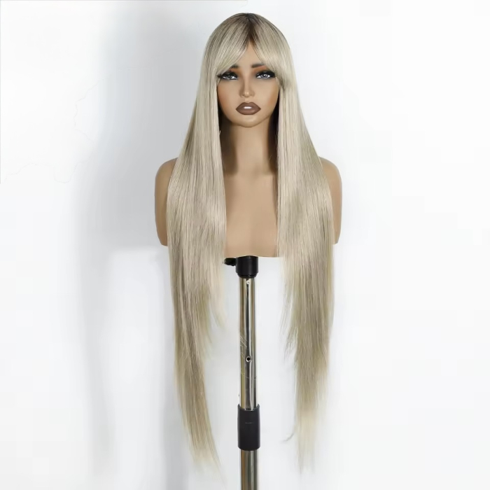 Peruca C1687 Blonda Gri Platinat Ombre Cu Breton Lung Baza Satena [3]