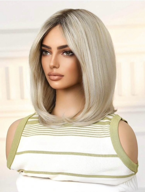 Peruca C1460 Gri Blonda Ombre Bob Lung Blond Platinat Cu Suvite [5]