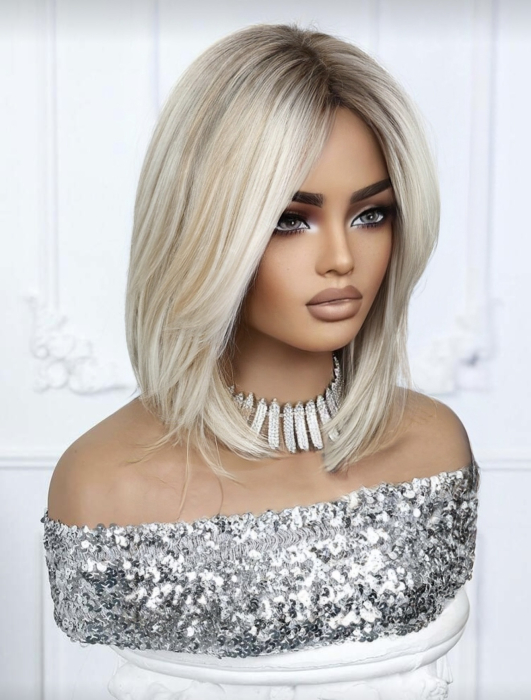 Peruca C1704 Blonda Satena Cu Suvite Bob Lung - blond platinat [2]