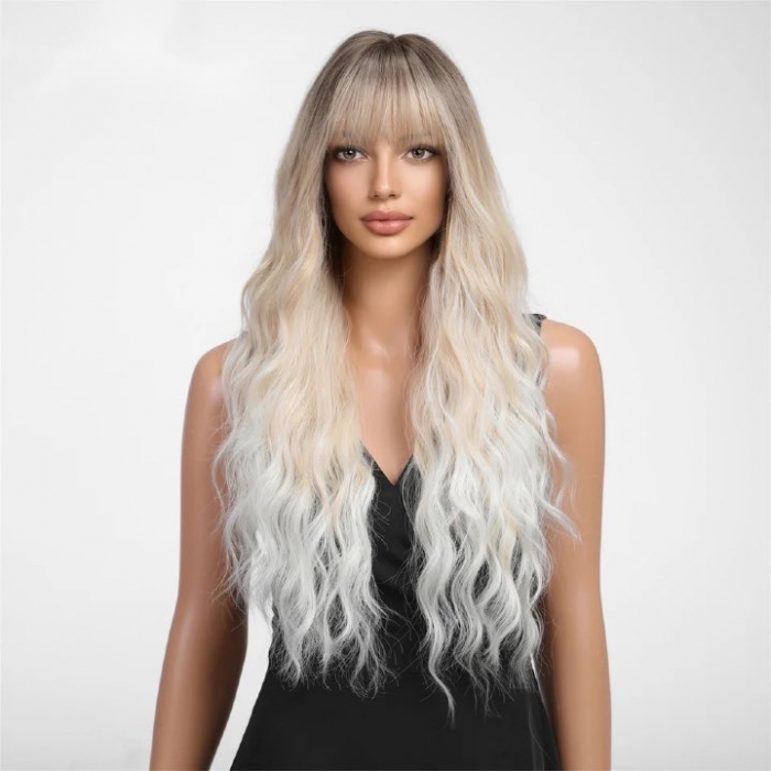 Peruca C1076 Blonda Ombre Baza Satena Cenusie Gri Cu Breton [4]