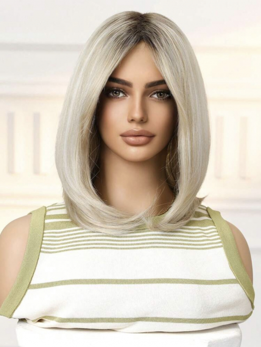 Peruca C1460 Gri Blonda Ombre Bob Lung Blond Platinat Cu Suvite [3]