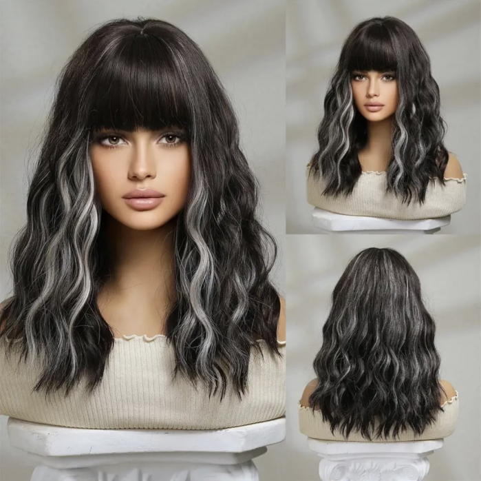 Peruca C1078 Bruneta Ondulata Bob Creata Cu Suvite Blonde [5]