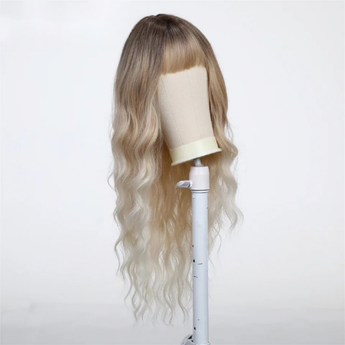 Peruca C1076 Blonda Ombre Baza Satena Cenusie Gri Cu Breton [3]