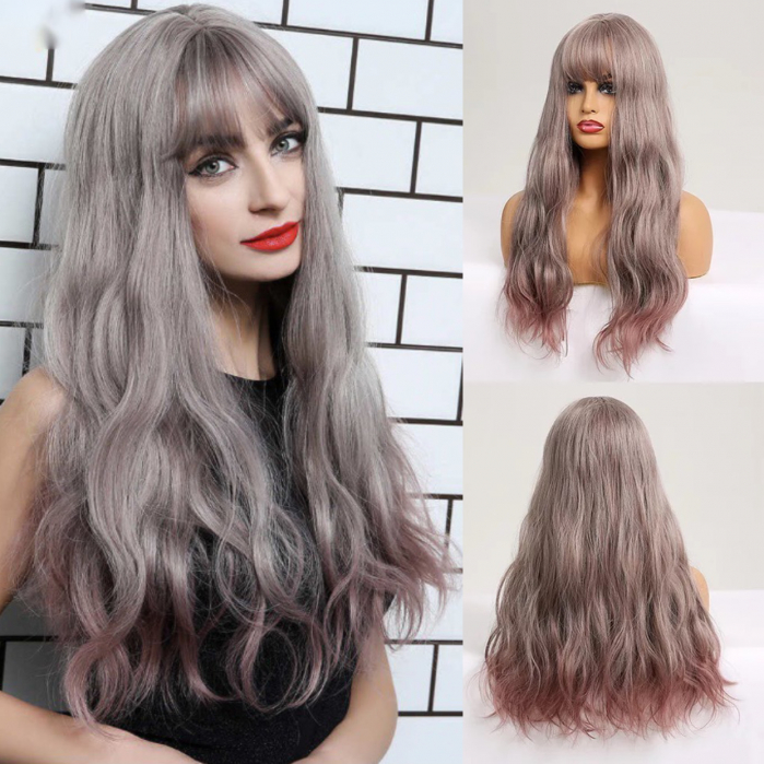 Peruca C235 Gri Blond Platinat Cu Breton Si Varfuri Roz [4]