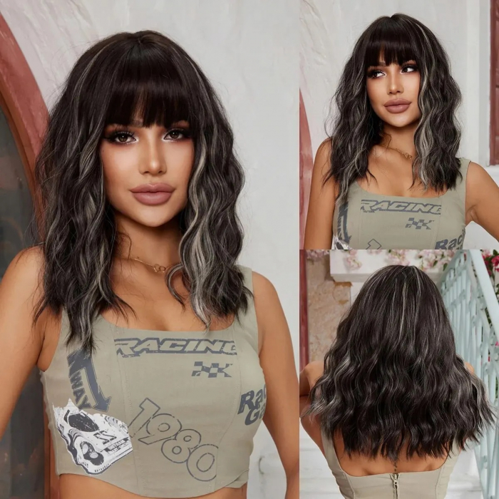 Peruca C1078 Bruneta Ondulata Bob Creata Cu Suvite Blonde [1]