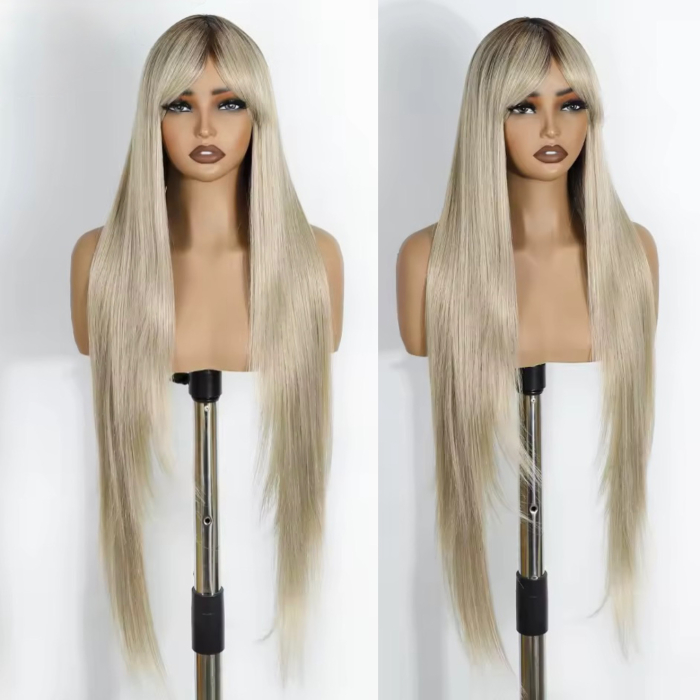 Peruca C1687 Blonda Gri Platinat Ombre Cu Breton Lung Baza Satena [2]