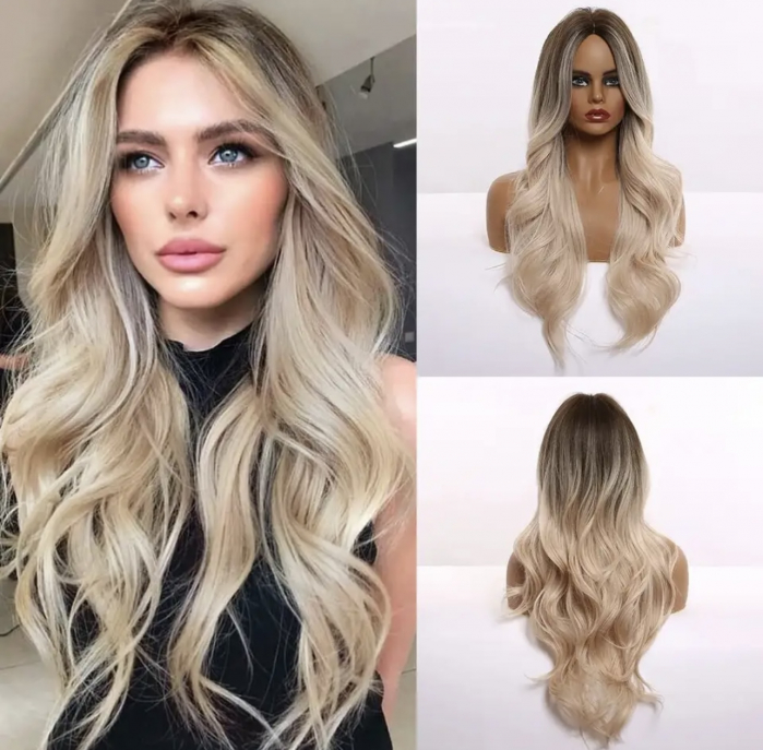 Peruca C1068 Blonda Baza Satena Ombre Platinata Par Ondulat [1]