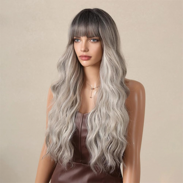 Peruca C1407 Blonda Cenusie Gri Ombre Cu Breton Par Cret [3]
