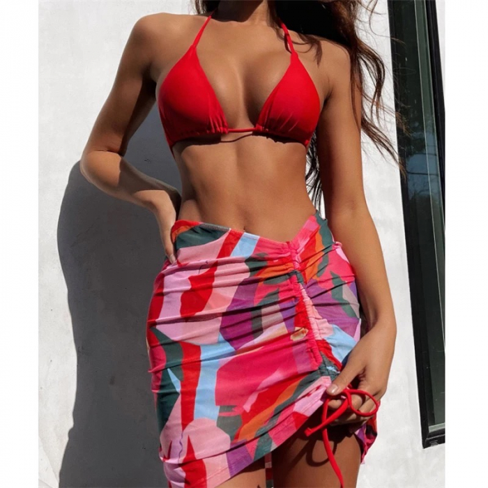Costum de Baie C372 Glory Red + Fusta Plaja [1]