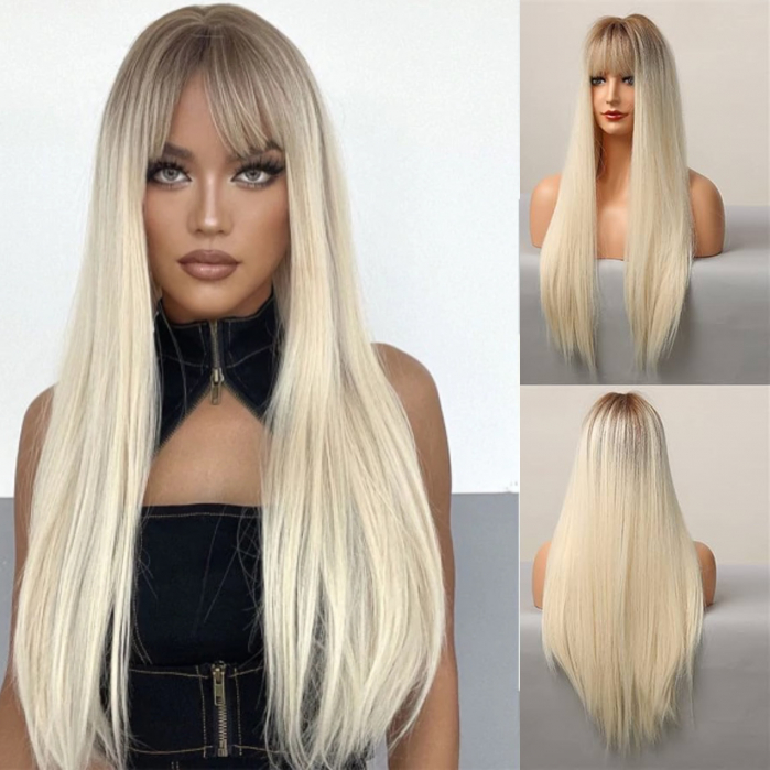 Peruca C35 Blond Deschis Ombre Platinat cu Breton Par Drept [1]