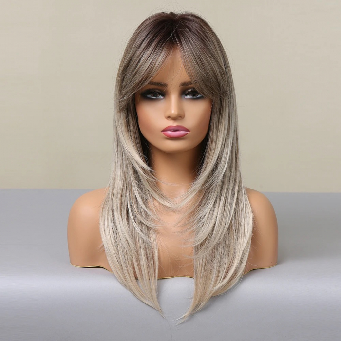 Peruca C866 Blonda Gri Cu Breton si Par Filat Platinata Silver Baza Satena [3]