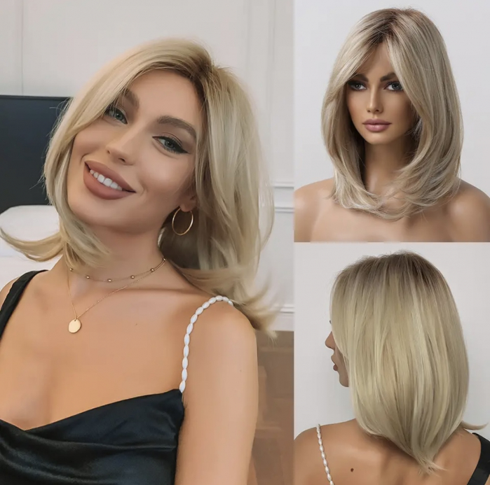 Peruca C170 Blonda Ombre Bob Blond Platinat Cenusiu Breton Lung [4]