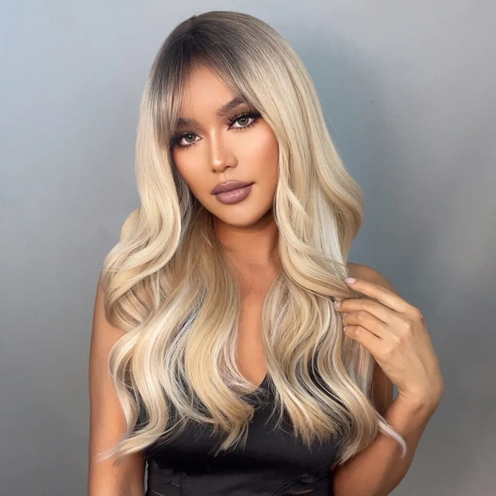 Peruca C426 Blonda Ombre Platinata Suvite Cu Breton Ondulata [1]