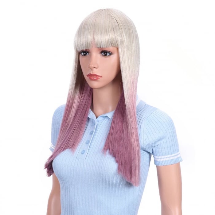 Peruca C109 Blonda Platinata Gri Cu Breton Si Varfuri Roz [3]