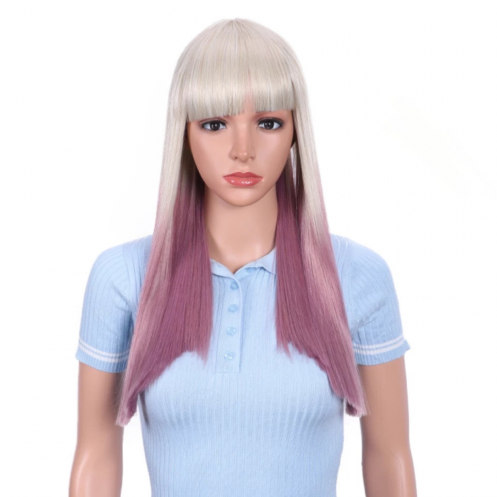 Peruca C109 Blonda Platinata Gri Cu Breton Si Varfuri Roz [1]