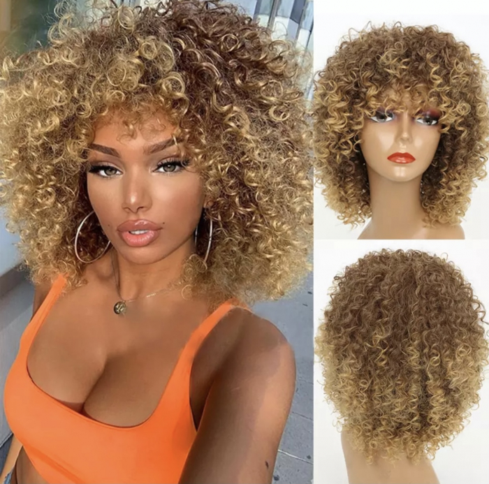 Peruca C5 Blonda Satena Afro Creata cu Breton [3]