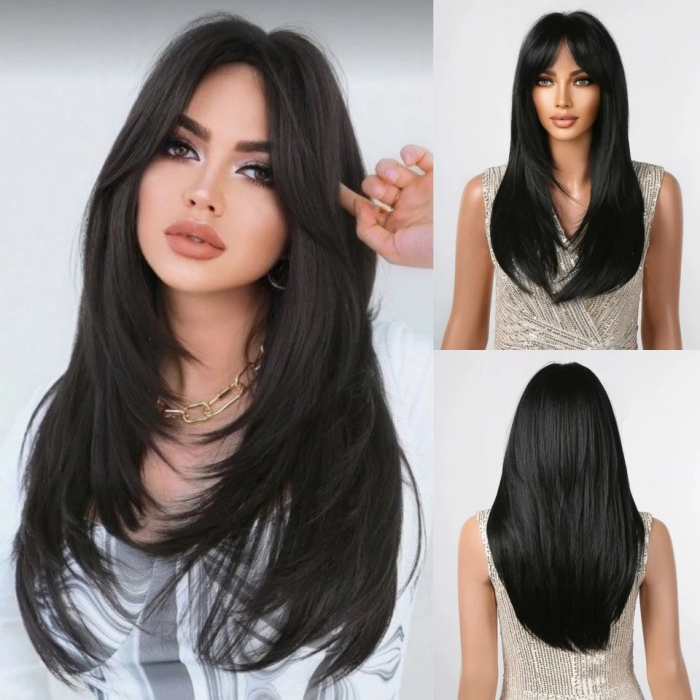 Peruca C781 Bruneta cu Breton Negra Negru Intens Filata [1]