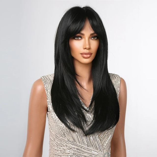 Peruca C781 Bruneta cu Breton Negra Negru Intens Filata [3]