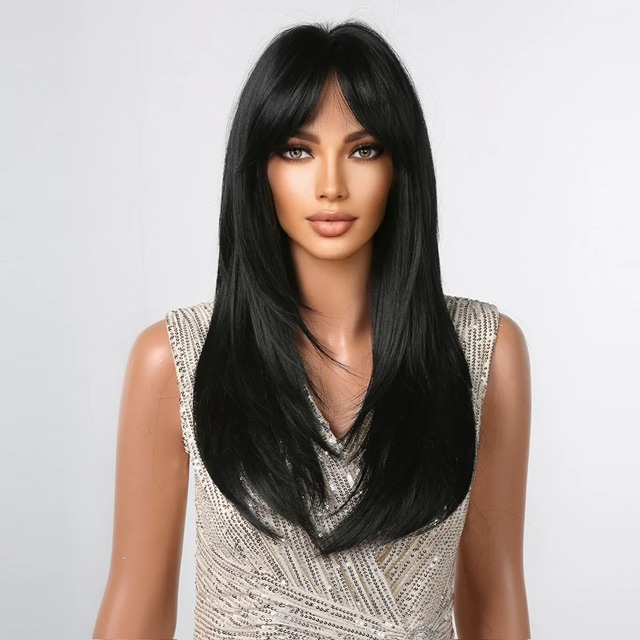 Peruca C781 Bruneta cu Breton Negra Negru Intens Filata [2]