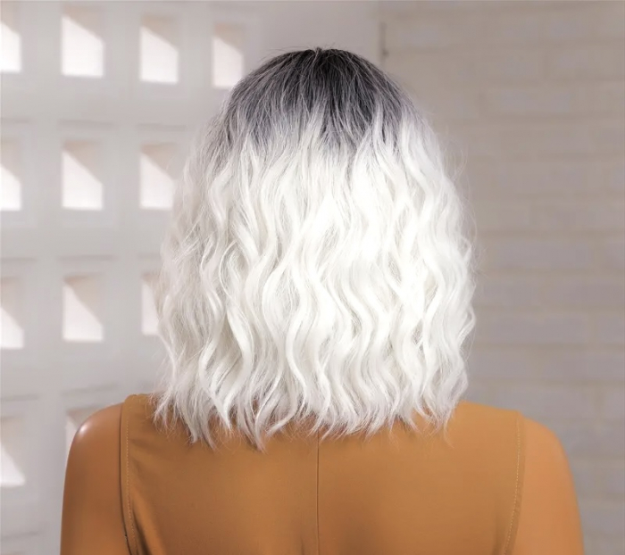 Peruca C1001 Blonda Baza Bruneta Gri Ombre Bob cu Breton si Par Cret [4]