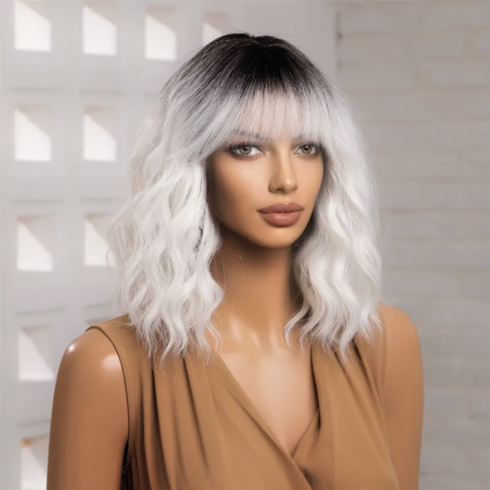 Peruca C1001 Blonda Baza Bruneta Gri Ombre Bob cu Breton si Par Cret [3]