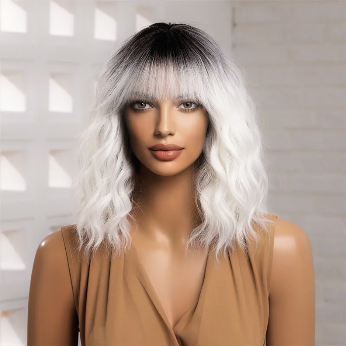 Peruca C1001 Blonda Baza Bruneta Gri Ombre Bob cu Breton si Par Cret [2]