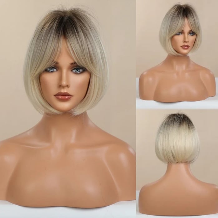 Peruca C1010 Blonda Bob Ombre Scurta Gri Platinata cu Breton [5]