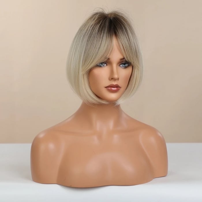 Peruca C1010 Blonda Bob Ombre Scurta Gri Platinata cu Breton [3]