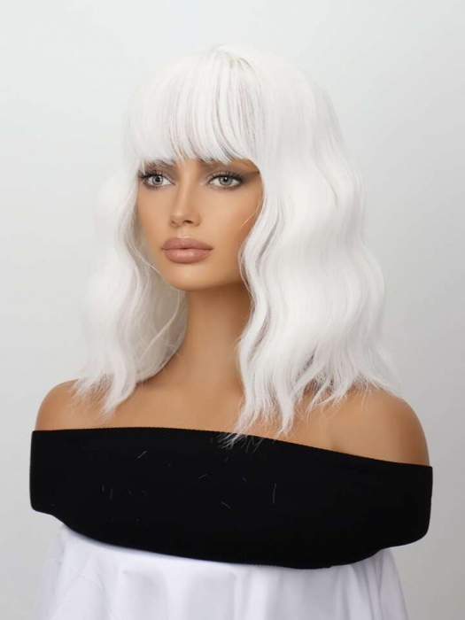 Peruca C1011 Blonda Gri Blond Platinat Bob cu Breton si Par Ondulat [4]
