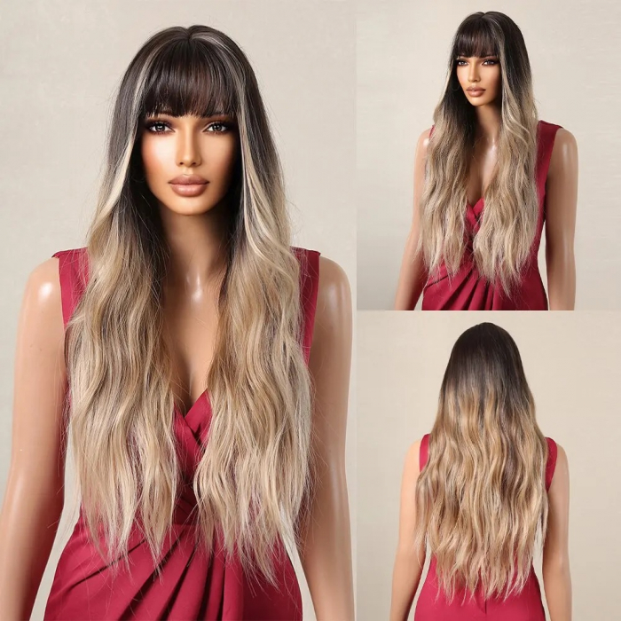 Peruca C1036 Satena Blonda Ombre cu Breton Si Suvite Blonde [1]