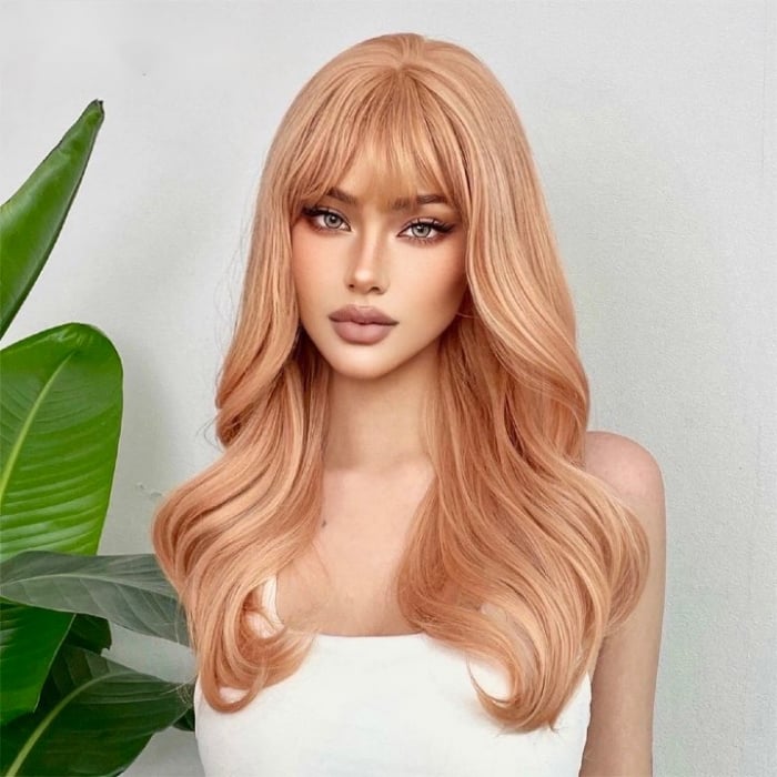 Peruca C1040 Blonda Roz Blond Roze Piersica Cu Breton Si Par Ondulat [1]