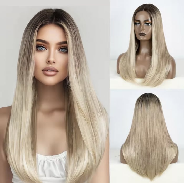Peruca C1057 FRONT LACE Blonda Ombre Baza Satena Suvite Gri Bob Lung [1]