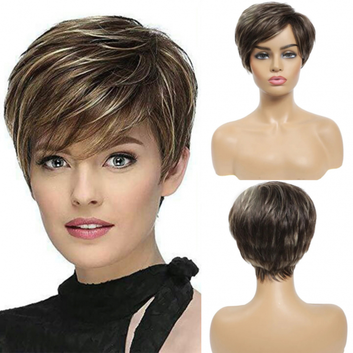Peruca C1062 Satena Castanie Scurta Cu Suvite Blonde Si Breton [1]