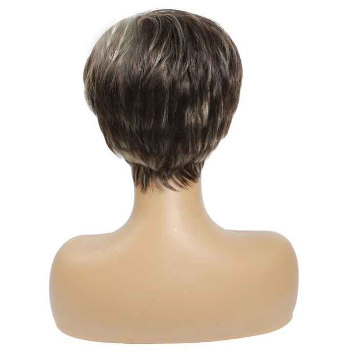 Peruca C1062 Satena Castanie Scurta Cu Suvite Blonde Si Breton [3]