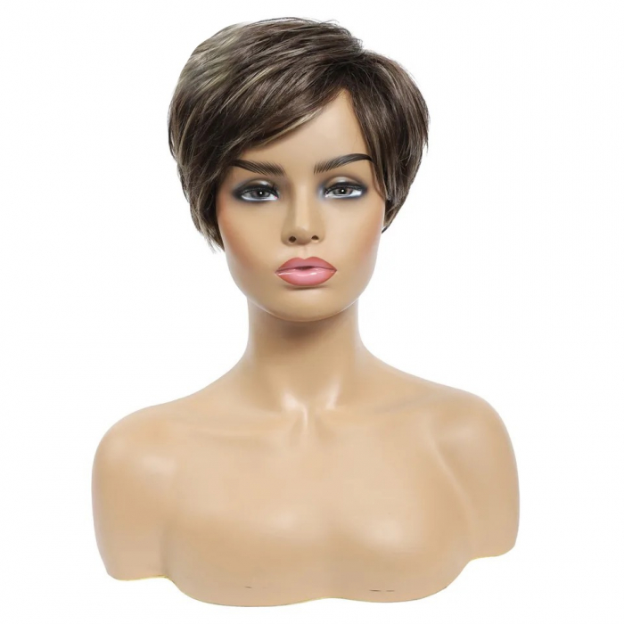 Peruca C1062 Satena Castanie Scurta Cu Suvite Blonde Si Breton [2]