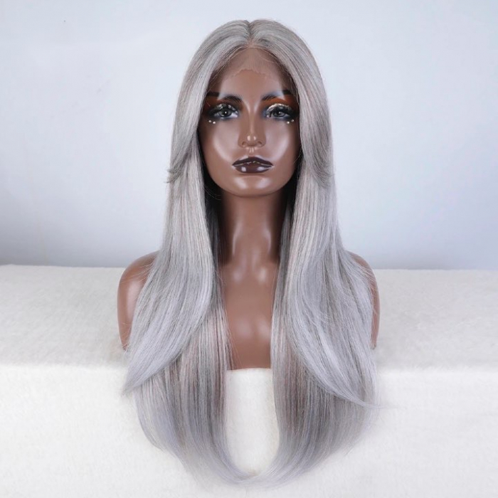 Peruca C1072 FRONT LACE Gri Cu Suvite Si Breton Lung [2]