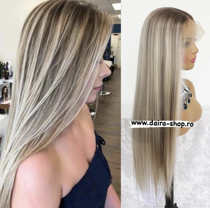 Peruca C1093 FRONT LACE Blonda Baza Satena Cu Suvite Blond Platinat [1]