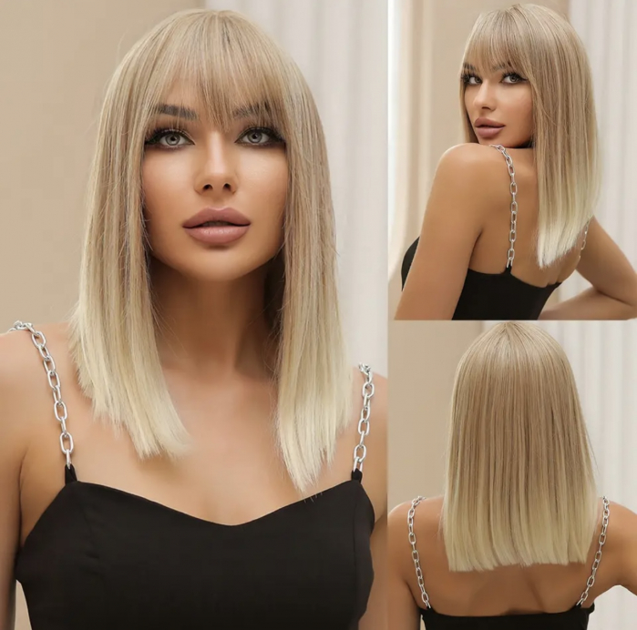 Peruca C1200 Blonda Cenusie Ombre cu Breton Bob [1]