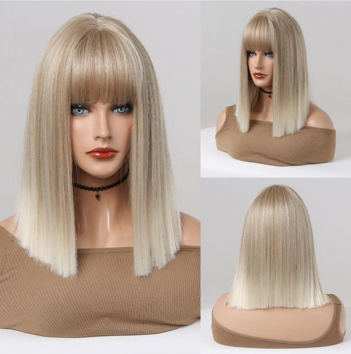 Peruca C1200 Blonda Cenusie Ombre cu Breton Bob [4]