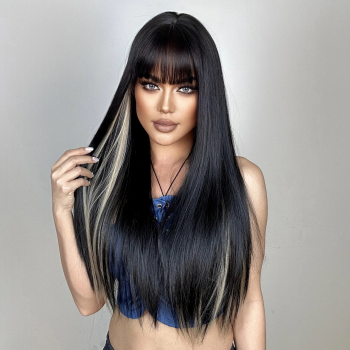 Peruca C1201 Bruneta cu Breton Suvite Blonde [2]