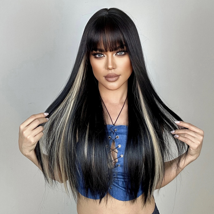 Peruca C1201 Bruneta cu Breton Suvite Blonde [3]