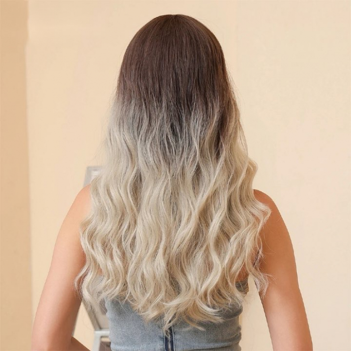 Peruca C1204 Blonda Satena Ombre cu Breton Blond Platinat Gri [7]